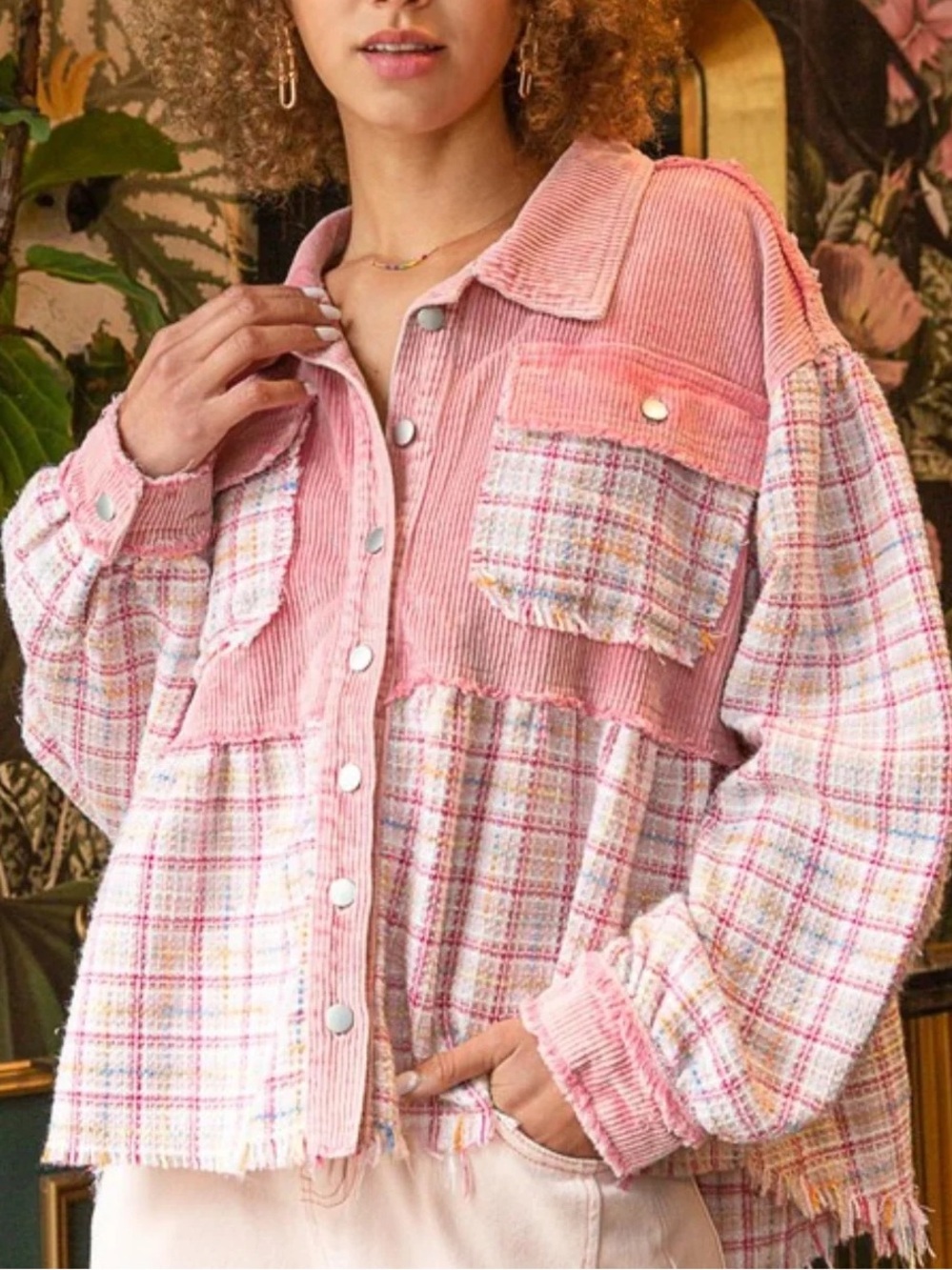 POL Pink Tweed Shirt Jacket Size Medium Shacket Patchwork Boho